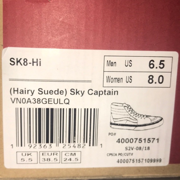 >💟SK8 HIGH TOP LACE UP SKY CAPTAIN (NAVY) WHITE HAIRY SUEDE BRAND NEW VANS😍 - Picture 5 of 14